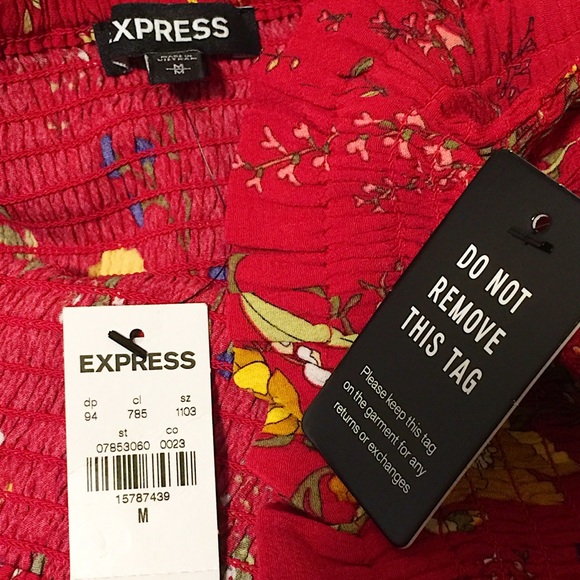 EXPRESS, Red Floral Off-The-Shoulders Smocked Maxi - Picture 9 of 16